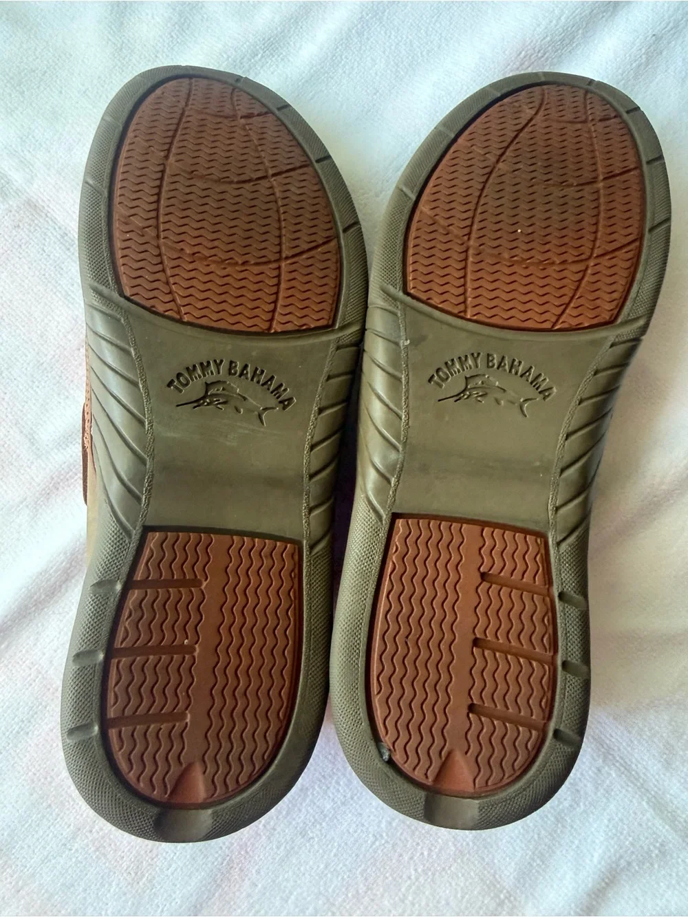 Tommy Bahama Two-Tone Tan and Brown Leather Boat Shoes